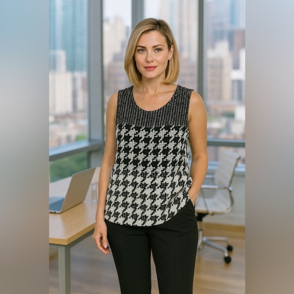 CAbi Black White Pixilated Houndstooth Print Tunic Top Business GUC M #1107